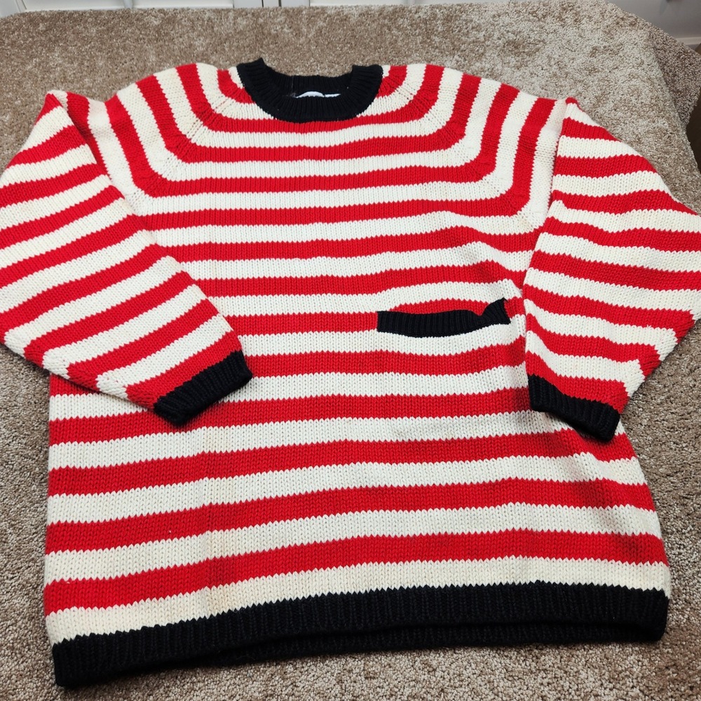 Casual‎ Corner Vtg Red White Striped Ramie Cotton Chunky Knit Sweater Medium